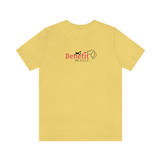 Meow Unisex Jersey Short Sleeve Tee in Yellow. Shown is front of shirt with the Benefit Beagle Logo featuring a peeping cat. The back showcases a wide eyed black cartoon cat with the phrase "Chatty Cat" above it.