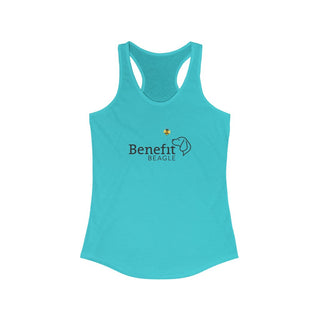 Bee Pawsitive Women's Racerback Tank shirt in Tahiti Blue. The front of shirt features the Bee Pawsitive Benefit Beagle Logo. The back of shirt showcases a dog dressed as a bee in a field of sunflowers with "Bee Pawsitive" written above.