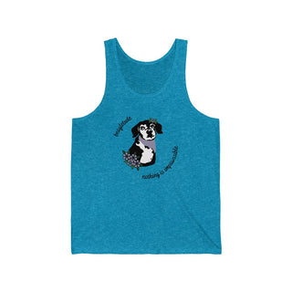 Signature Tattoo Flowers Unisex Jersey Tank in Aqua Triblend. Shown is front of shirt with the Signature Tattoo Flowers design featuring a dog with flowers around it and the phrase "Beagletude" and "Nothing is Impawssible". Back of shirt features the Benefit Beagle Logo.