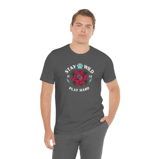 Stay Wild Unisex Premium Tee in Asphalt. Shown is front of Stay Wild Design features a tattoo style rose with the phrase "Stay Wild, Play Hard" around it. The back of shirt features the Stay Wild Benefit Beagle Logo Design.