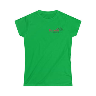 Different Pawspective Women's Softstyle Tee in Irish Green. Shown is front of shirt with Benefit Beagle logo in the top corner . On the back is large colorful pawprint with the the phrase "Life is all about finding the beauty in a different pawspective" circled around it.