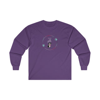 Dog Hair is my Glitter Long Sleeve Tee in Purple. The Dog Hair is my Glitter design features a dog with the phrase "Dog Hair is my Glitter" above it and it is surrounded by a circle with paw prints.