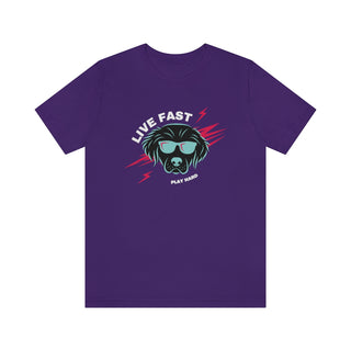 Play Hard Unisex Jersey Short Sleeve Tee Shirt in Team Purple. The design features a cool dog with sunglasses and lightening bolts arond it. The phrase "Live Fast, Play Hard" is around the design.