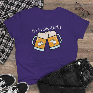 Beagle-Thirty Mugs Women's Midweight Cotton Tee in Purple. The front of shirt showcases Two Dog Adorned Mugs clinking with the saying, "It's Beagle-Thirty" above it. Back of shirt features corresponding Benefit Beagle Logo.