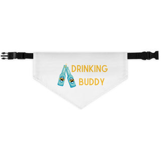 Beagle-Thirty Mugs Dog Collar Bandana in White. The Beagle-Thirty Mugs design features two dog paw labeled bottles clinking with the saying "Drinking buddy". Comes with adjustable black collar.