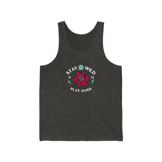 Stay Wild Unisex Unisex Jersey Tank in Charcoal Black TriBlend. The Stay Wild Design features a tattoo style rose with the phrase "Stay Wild, Play Hard" around it. The back of shirt features the Stay Wild Benefit Beagle Logo Design.