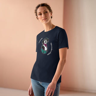 Signature Tattoo Roses Women's Premium Tee in Pink. Shown is front of shirt with the Signature Tattoo Roses design featuring a dog with roses around it and the phrase "Beagletude" and "Nothing is Impawssible". Back of shirt features the Benefit Beagle Logo.