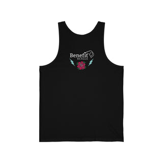 Stay Wild Premium Unisex Tank in Black. Shown is the back of shirt with Benefit Beagle Logo complete with Tattoo Rose. On front of shirt is Stay Wild Design featuring a tattoo style rose with the phrase "Stay Wild, Play Hard" around it.