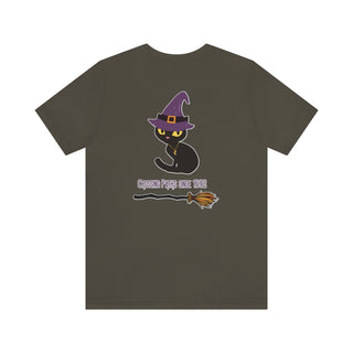 Witchy Cat Unisex Jersey Short Sleeve Tee. Back side shown in Dark Grey with Wide Eyed Cartoon Cat wearing Purple Hat Standing over Broom. "Crossing Paths Since 1692". On the front of shirt is similar Witchy Benefit Beagle Logo. Purrfect for Halloween, or anytime!