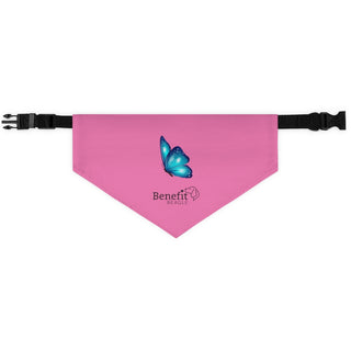 Lincoln Butterfly Dog Collar Bandana in Pink. The Lincoln Butterfly design features the Benefit Beagle logo with a blue butterfly above it. Comes with adjustable black collar.