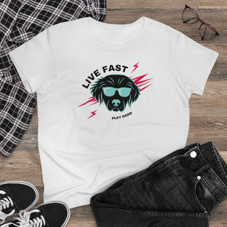 Play Hard Women's Midweight Cotton Tee shirt in White. The design features a cool dog with sunglasses and lightening bolts behind it. The phrase "Live Fast, Play Hard" is around the design.