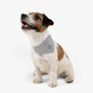 Dog wearing Adventures Await Dog Collar Bandana in Grey. The Adventures Await design features a nautical compass with the profile of a dog in the center. Comes with adjustable black collar. 