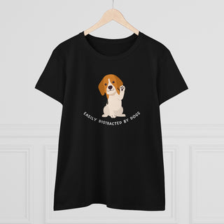 Easily Distracted Women's Midweight Cotton Tee in Team Black. Shown is front design featuring a dog waving with the saying "Easily Distracted by Dogs" below it. The back of shirt has the classic Benefit Beagle Logo.