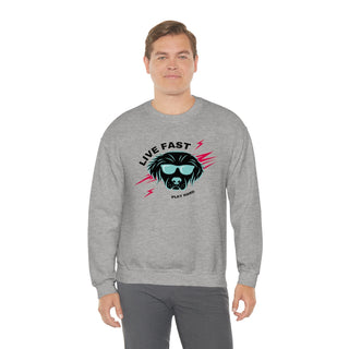 Play Hard Unisex Heavy Blend Crewneck Sweatshirt in Sport Grey. The design features a cool dog with sunglasses and lightening bolts around it. The phrase "Live Fast, Play Hard" is around the design.