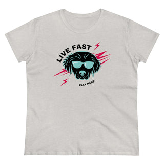 Play Hard Women's Midweight Cotton Tee shirt in Ash. The design features a cool dog with sunglasses and lightening bolts behind it. The phrase "Live Fast, Play Hard" is around the design.