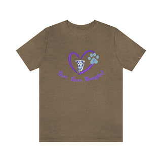 Live, Love, Beagle Unisex Jersey Short Sleeve Tee in Heather Olive. The Live, Love, Beagle design features a dog running through a heart with the phrase "Live, Love, Beagle!" under it.