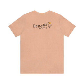 You are my Sunshine Unisex Jersey Short Sleeve Tee in Heather Peach. Shown is back of shirt featuring the Sunflower Benefit Beagle Logo. The front showcases a sunflower which is split down the middle and half is made out of paw prints. Underneath is the phrase "You are my Sunshine".