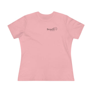 Live in the Moment Women's Premium Tee in Pink. The Live in the Moment design features the Benefit Beagle logo in the top corner of the garment.