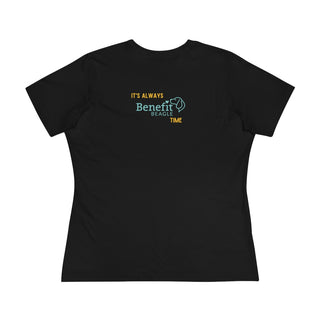 Beagle-Thirty Bottles Women's Premium Tee in Black. Shown is back of shirt featuring "Beagle-Thirty" Benefit Beagle Logo. The front Showcases Two Paw Labeled Bottles clinking with, "It's Beagle-Thirty" written next to it.