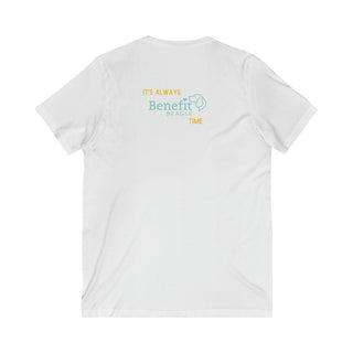 Beagle-Thirty Bottles Unisex Jersey Short Sleeve V-Neck Tee in White. Shown is back of shirt featuring "Beagle-Thirty" Benefit Beagle Logo. The front Showcases Two Paw Labeled Bottles clinking with, "It's Beagle-Thirty" written next to it.