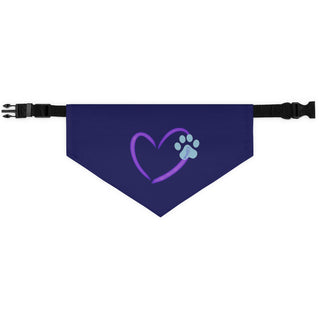 Live, Love, Beagle Dog Collar Bandana in Navy. The Live, Love, Beagle design features a heart with a paw print. Comes with black adjustable collar.