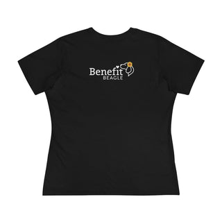 You are my Sunshine Women's Premium Tee shirt in Black. Shown is back of shirt featuring the Sunflower Benefit Beagle Logo. The front showcases a sunflower which is split down the middle and half is made out of paw prints. Underneath is the phrase "You are my Sunshine".