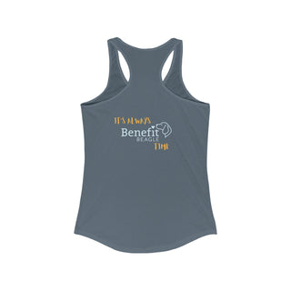 Beagle-Thirty Mugs Women's Racerback Tank in Indigo. Shown is back of shirt featuring "Beagle-Thirty" Benefit Beagle Logo. The front Showcases Two Dog Adorned Mugs clinking with, "It's Beagle-Thirty" written above it.