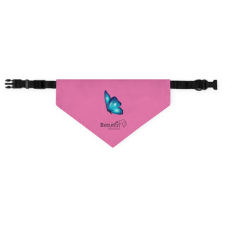 Lincoln Butterfly Dog Collar Bandana in Pink. The Lincoln Butterfly design features the Benefit Beagle logo with a blue butterfly above it. Comes with adjustable black collar.