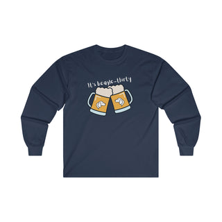 Beagle-Thirty Mugs Unisex Ultra Cotton Long Sleeve Tee in Navy. The front of shirt showcases Two Dog Adorned Mugs clinking with the saying, "It's Beagle-Thirty" above it. Back of shirt features corresponding Benefit Beagle Logo.