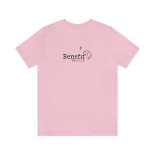 Bee Pawsitive Unisex Jersey Short Sleeve Tee in Pink. The front of shirt features the Bee Pawsitive Benefit Beagle Logo. The back of shirt showcases a dog dressed as a bee in a field of sunflowers with "Bee Pawsitive" written above.