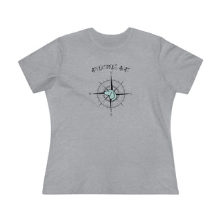 Adventures Await Women's Premium Tee in Athletic Heather. The front of shirt features the Adventures Await design with a dog inside a nautical compass and the words "Adventures Await" above it. The back of the shirt has similar Benefit Beagle Logo.