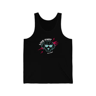 Play Hard Unisex Jersey Tank in Black. The design features a cool dog with sunglasses and lightening bolts around it. The phrase "Live Fast, Play Hard" is around the design.