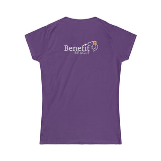 You are my Sunshine Women's Softstyle Tee in Purple. Shown is back of shirt featuring the Sunflower Benefit Beagle Logo. The front showcases a sunflower which is split down the middle and half is made out of paw prints. Underneath is the phrase "You are my Sunshine".