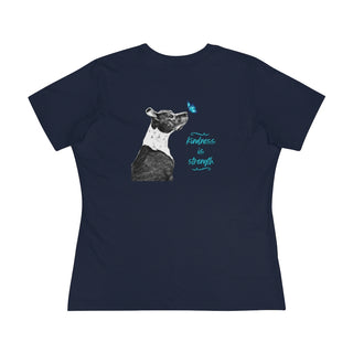 Lincoln Butterfly Women's Premium Tee in Navy. Shown is back of shirt design showcasing profile of a dog with a blue butterfly on its nose and the phrase "Kindness is Strength" next to it. The front of shirt has Benefit Beagle Logo kissed by a Butterfly.