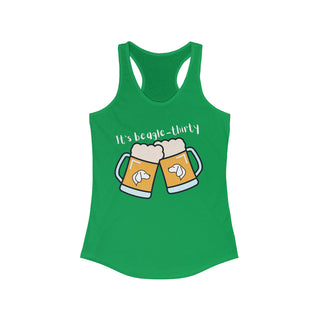 Beagle-Thirty Mugs Women's Racerback Tank in Kelly Green. The front of shirt showcases Two Dog Adorned Mugs clinking with the saying, "It's Beagle-Thirty" above it. Back of shirt features corresponding Benefit Beagle Logo.