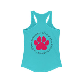 Different Pawspective Women's Racerback Tank in Tahiti Blue. Shown is the back of shirt featuring a large colorful pawprint with the the phrase "Life is all about finding the beauty in a different pawspective" circled around it. The Benefit Beagle Logo is located in the top corner on the front of shirt.