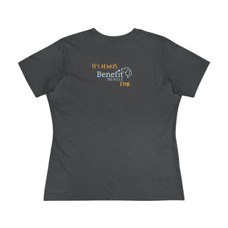 Beagle-Thirty Mugs Women's Premium Tee in Asphalt. Shown is back of shirt featuring "Beagle-Thirty" Benefit Beagle Logo. The front Showcases Two Dog Adorned Mugs clinking with, "It's Beagle-Thirty" written above it.