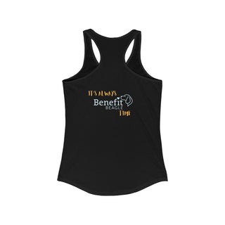 Beagle-Thirty Mugs Women's Racerback Tank in Black. Shown is back of shirt featuring "Beagle-Thirty" Benefit Beagle Logo. The front Showcases Two Dog Adorned Mugs clinking with, "It's Beagle-Thirty" written above it.