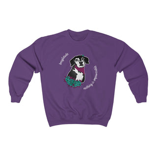 Signature Tattoo Roses Crewneck Sweatshirt in Purple. Shown is front of shirt with the Signature Tattoo Roses design featuring a dog with roses around it and the phrase "Beagletude" and "Nothing is Impawssible". Back of shirt features the Benefit Beagle Logo.