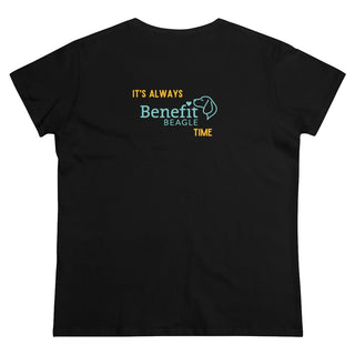 Beagle-Thirty Bottles Women's Midweight Cotton Tee in Black. Shown is back of shirt featuring "Beagle-Thirty" Benefit Beagle Logo. The front Showcases Two Paw Labeled Bottles clinking with, "It's Beagle-Thirty" written next to it.