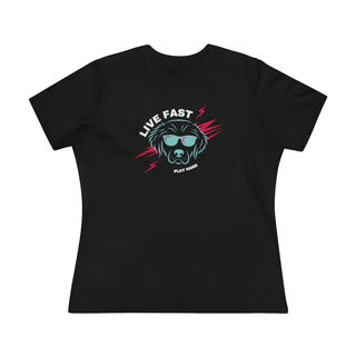 Play Hard Women's Premium Tee Shirt in Black. The design features a cool dog with sunglasses and lightening bolts around it. The phrase "Live Fast, Play Hard" is around the design.