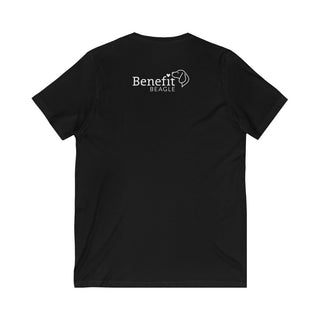 Signature Tattoo Flowers Unisex Jersey Short Sleeve V-Neck Tee in Black. Shown is back of shirt with the Benefit Beagle Logo. Front of shirt has the Signature Tattoo Flowers design featuring a dog with flowers around it and the phrase "Beagletude" and "Nothing is Impawssible".