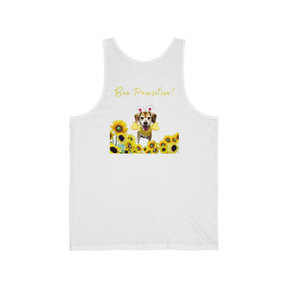 Bee Pawsitive Unisex Jersey Tank shirt in White. Shown is back of shirt showcasing a dog dressed as as bee in a a field of sunflowers with the phrase "Bee Pawsitive!" above it. The front features the Bee Pawsitive Benefit Beagle Logo.