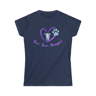 Live, Love, Beagle Women's Softstyle Tee in Navy. The Live, Love, Beagle design features a dog running through a heart with the phrase "Live, Love, Beagle!" under it.