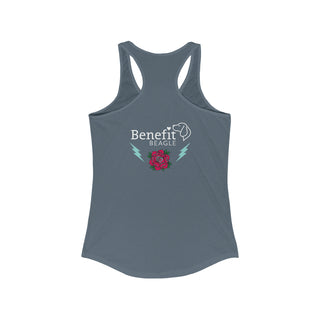 Stay Wild Women's Ideal Racerback Tank in Warm Grey. Shown is the back of shirt with Benefit Beagle Logo complete with Tattoo Rose. On front of shirt is Stay Wild Design featuring a tattoo style rose with the phrase "Stay Wild, Play Hard" around it.