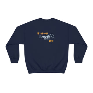 Beagle-Thirty Mugs Unisex Heavy Blend Crewneck Sweatshirt in Navy. Shown is back of shirt featuring "Beagle-Thirty" Benefit Beagle Logo. The front Showcases Two Dog Adorned Mugs clinking with, "It's Beagle- Thirty" written above it.