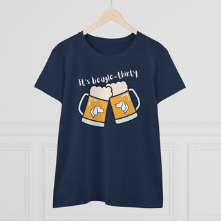 Beagle-Thirty Mugs Women's Midweight Cotton Tee in Navy. The front of shirt showcases Two Dog Adorned Mugs clinking with the saying, "It's Beagle-Thirty" above it. Back of shirt features corresponding Benefit Beagle Logo.