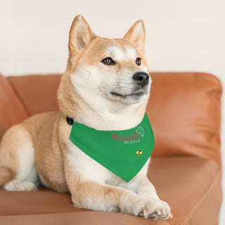 Dog wearing Bee Pawsitive Dog Collar Bandana in Green. The Bee Pawsitive design features the Benefit Beagle logo with a bumble bee flying under it. Comes with adjustable black collar.