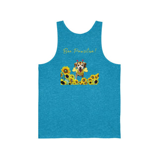 Bee Pawsitive Unisex Jersey Tank shirt in Aqua Triblend. Shown is back of shirt showcasing a dog dressed as as bee in a a field of sunflowers with the phrase "Bee Pawsitive!" above it. The front features the Bee Pawsitive Benefit Beagle Logo.