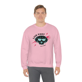 Play Hard Unisex Heavy Blend Crewneck Sweatshirt in Pink. The design features a cool dog with sunglasses and lightening bolts around it. The phrase "Live Fast, Play Hard" is around the design.